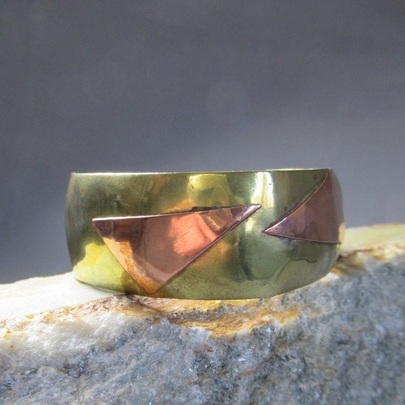Twin Triangles Cuff, Geometric Copper on Bronze Bracelet - Picture 3 of 6